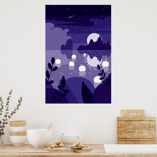 Vector Moonlit Reflected Ocean Achtergrond Poster (Keuken)