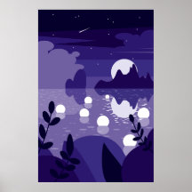 Vector Moonlit Reflected Ocean Achtergrond Poster
