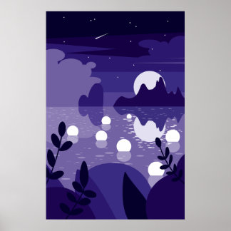 Vector Moonlit Reflected Ocean Achtergrond Poster