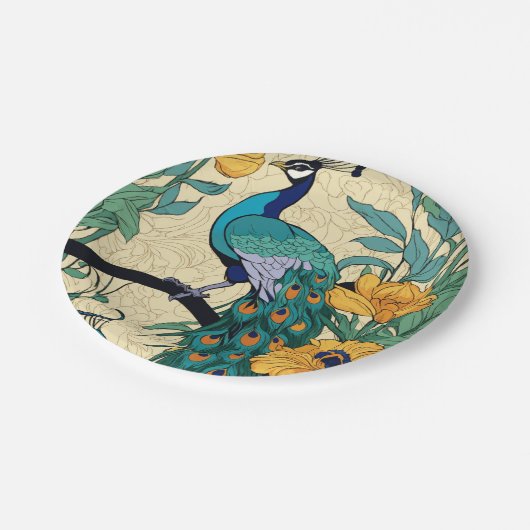 Vector, naadloos patroon met pauw bedrukt papieren bordje (Gekanteld)