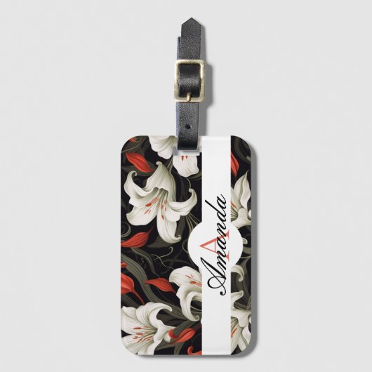 Vector wit & rood bladlelie patroon monogramed bagagelabel (Voorkant (verticaal))