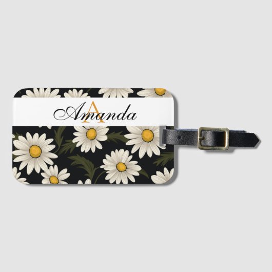 Vector Wit & Zwart Daisy Patroon Monogramed Bagagelabel (Voorkant (horizontaal))