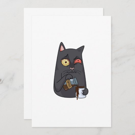 Vector zwarte kat drink koffie en morst langs de bedankkaart (Voorkant / Achterkant)