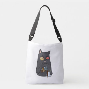 Vector zwarte kat drink koffie en morst langs de crossbody tas