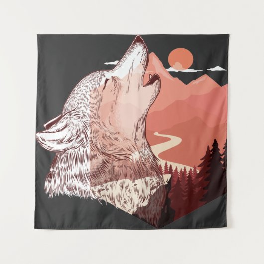 Vectorillustratie van een huilende wolf Landschap Wandkleed (Voorkant)
