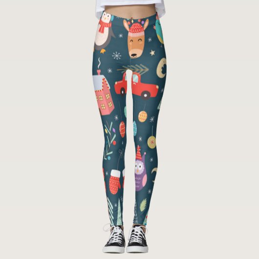 vectorschattige kerstelementen santa pinguïn leggings (Voorkant)