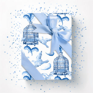 Vederfeest in Blauwe Porselein Cadeaupapier