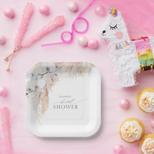 Vederig Pampasgras Witte Orchideeën Bruidsdouche Papieren Bordje (Feest)