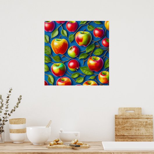 Veel appelvrucht schilderijen, in het midden poster (Keuken)