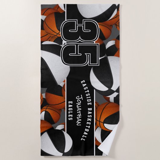 Veel basketballen aangepaste teamnaam zwart wit strandlaken (Voorkant)