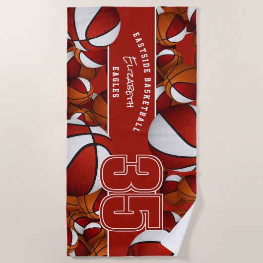 Veel basketballen atleet naam rood wit strandlaken (Voorkant)