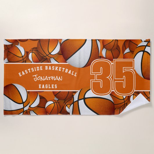 Veel basketballen atleet naam sinaasappel wit strandlaken (Voorkant)