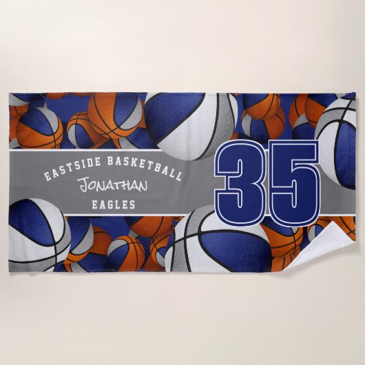 Veel basketballen blauw grijs team kleuren strandlaken (Voorkant)
