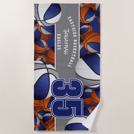 Veel basketballen blauw grijs team kleuren strandlaken (Voorkant)