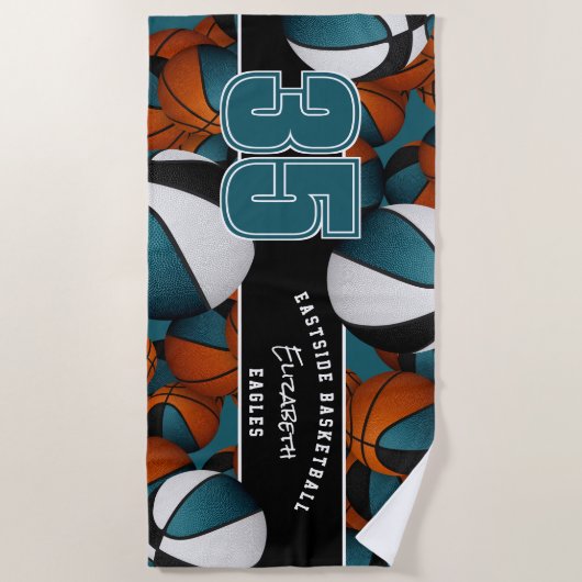 Veel basketballen op maat spelersnaam blauwgroen z strandlaken (Voorkant)