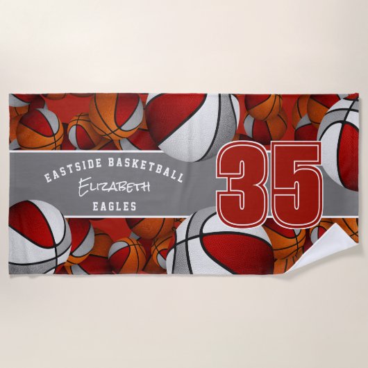 Veel basketballen rood grijs kinder teamspirit strandlaken (Voorkant)