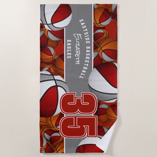 Veel basketballen rood grijs kinder teamspirit strandlaken (Voorkant)