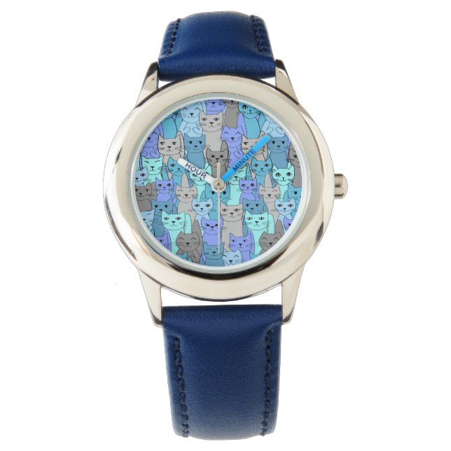 Veel blauw kattendesign — polshorloge horloge (Voorkant)
