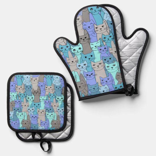 Veel blauw kattenontwerp ovenwant & pannenlap set (Voorkant / Achterkant)