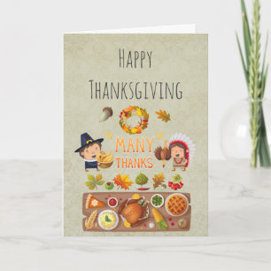 Veel Dank Pilgrim En Inheemse Thanksgiving Feest Feestdagen Kaart