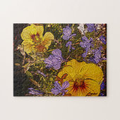 veel gele blauwe en witte bloemen legpuzzel (Horizontaal)