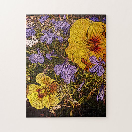 veel gele blauwe en witte bloemen legpuzzel (Verticaal)