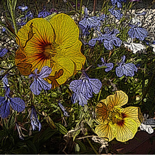 veel gele blauwe en witte bloemen legpuzzel