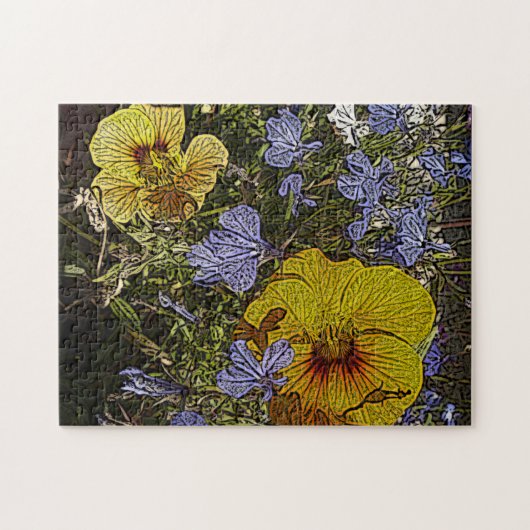 veel gele blauwe en witte bloemen legpuzzel (Horizontaal)