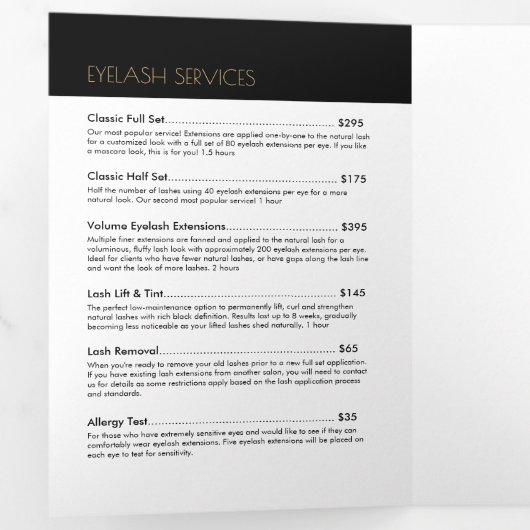 Veel Lashes Salon Zwart/Goud Brochure Drieluik Kaart (Binnenzijde eerst)