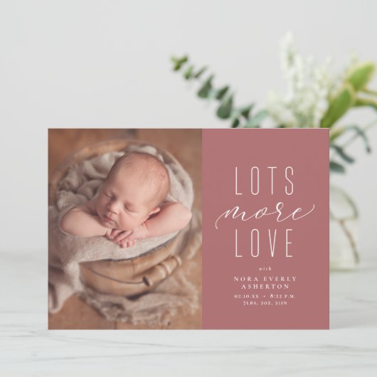 Veel meer liefdesroze foto-geboorteaankondiging (Staand voorkant)