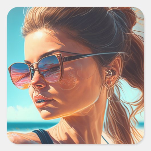 Veel plezier in de zomer | Mooie vrouw op het stra Vierkante Sticker (Voorkant)