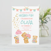 Veel plezier met gebak, beren, roze, blauwgroen kaart (Staand voorkant)