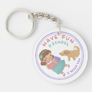 Veel plezier op school meisje en puppy sleutelhanger