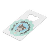 Veel plezier op zaterdag! Cartooneske Blauwe Groen Creditkaart Flessenopener (Achterkant Gekanteld)