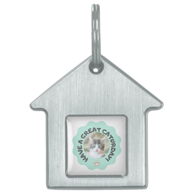 Veel plezier op zaterdag! Turquoise aangepaste kat Huisdieren Naamplaatje (Voorkant)