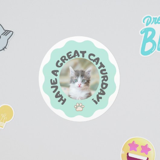 Veel plezier op zaterdag! Turquoise aangepaste kat Ronde Sticker