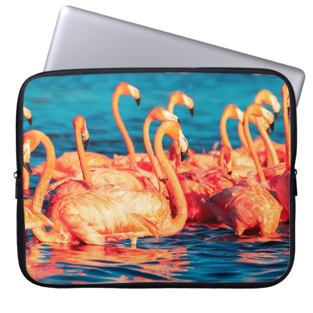 Veel roze koraal mooie wilde flamingos in blauw l laptop sleeve (Voorkant)