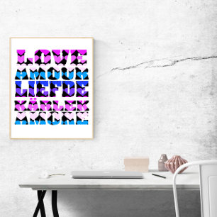Veel talen liefdes harten Roze Paars Blauw Zwart Poster