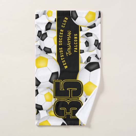 Veel voetballen aangepaste teamnaam zwart goud handdoek (Handdoek)