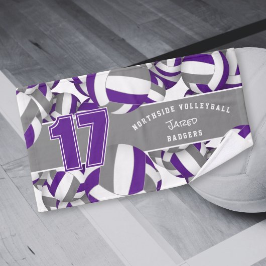 Veel volleyballen paarse grijze teamkleuren handdoek