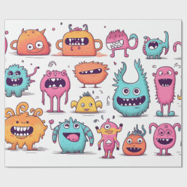 Veel vriendelijke, kleurrijke monsters op wit cadeaupapier