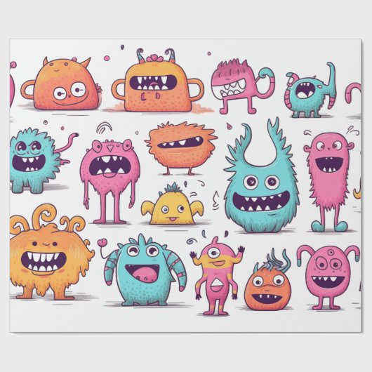 Veel vriendelijke, kleurrijke monsters op wit cadeaupapier (Vlak)