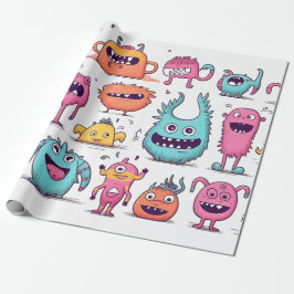 Veel vriendelijke, kleurrijke monsters op wit cadeaupapier