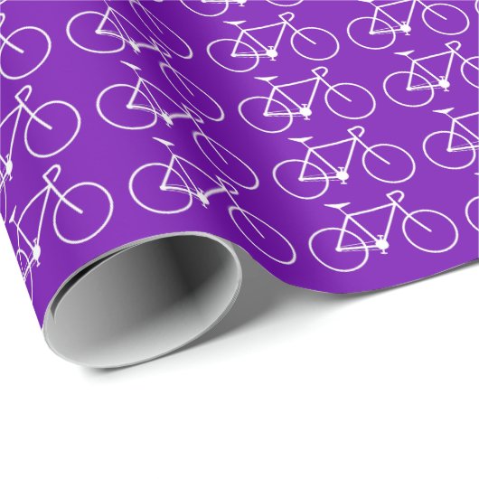 Veel witte fietspictogrammen op een Paarse achterg Cadeaupapier (Rol Hoek)