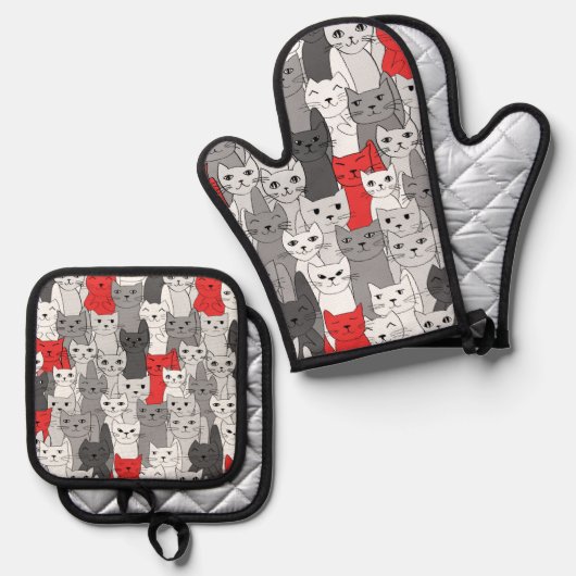 Veel zwart wit rood katten ontwerp ovenwant & pannenlap set (Voorkant / Achterkant)