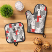 Veel zwart wit rood katten ontwerp ovenwant & pannenlap set (Top down)
