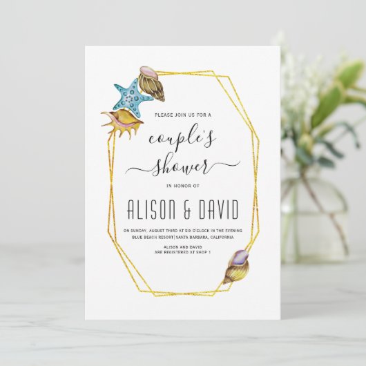 Veelhoek en seizoenshellen strandbruiloft: douche kaart (Staand voorkant)