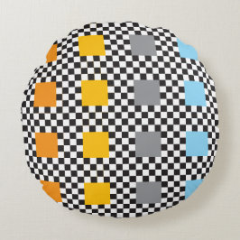 Veelkleurig geruit patroon en grote vierkanten rond kussen