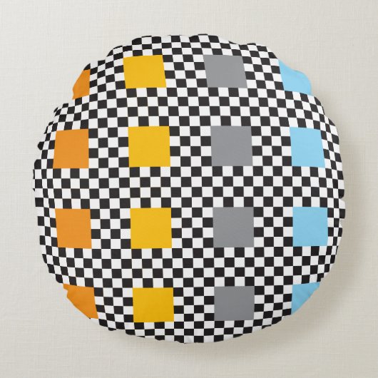 Veelkleurig geruit patroon en grote vierkanten rond kussen (Voorkant)