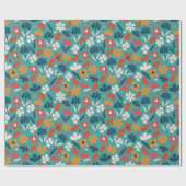 Veelkleurige bloesems - blauw cadeaupapier (Vlak)